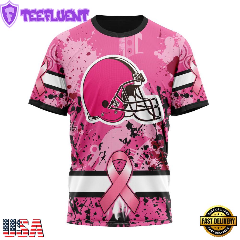 Custom Name And Number NFL Cleveland Browns Pink Breast Cancer 3D T-Shirt