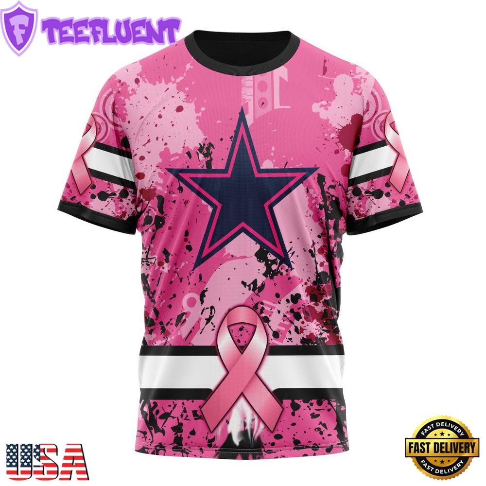 Custom Name And Number NFL Dallas Cowboys Pink Breast Cancer 3D T-Shirt