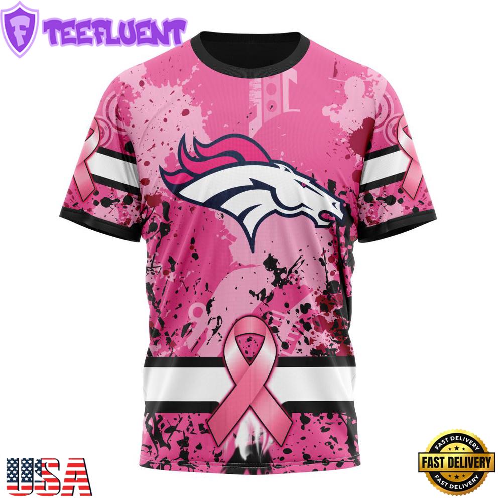 Custom Name And Number NFL Denver Broncos Pink Breast Cancer 3D T-Shirt