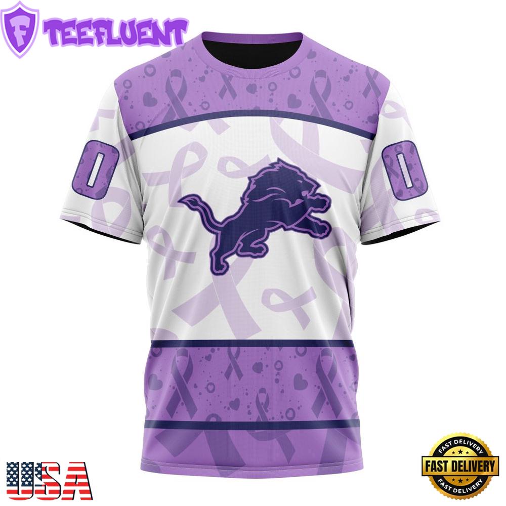 Custom Name And Number NFL Detroit Lions Football Team Fight Cancer 3D T-Shirt