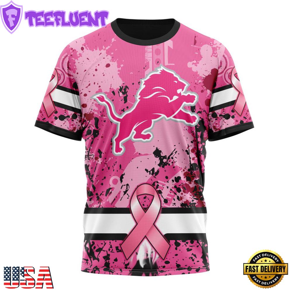 Custom Name And Number NFL Detroit Lions Pink Breast Cancer 3D T-Shirt