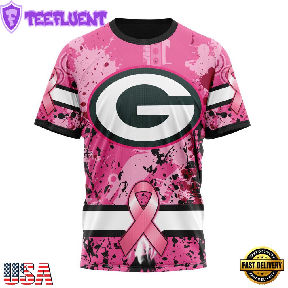 Custom Name And Number NFL Green Bay Packers Pink Breast Cancer 3D T-Shirt