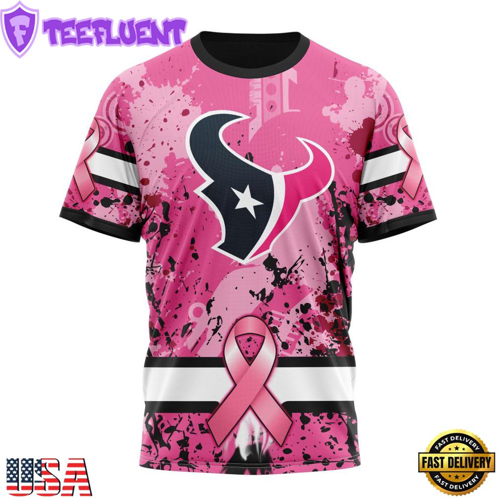 Custom Name And Number NFL Houston Texans Pink Breast Cancer 3D T-Shirt
