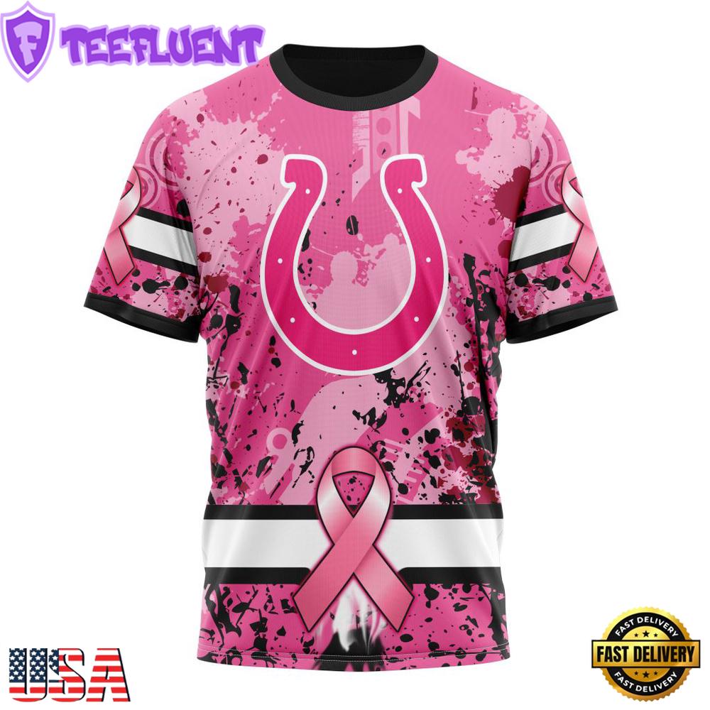 Custom Name And Number NFL Indianapolis Colts Pink Breast Cancer 3D T-Shirt