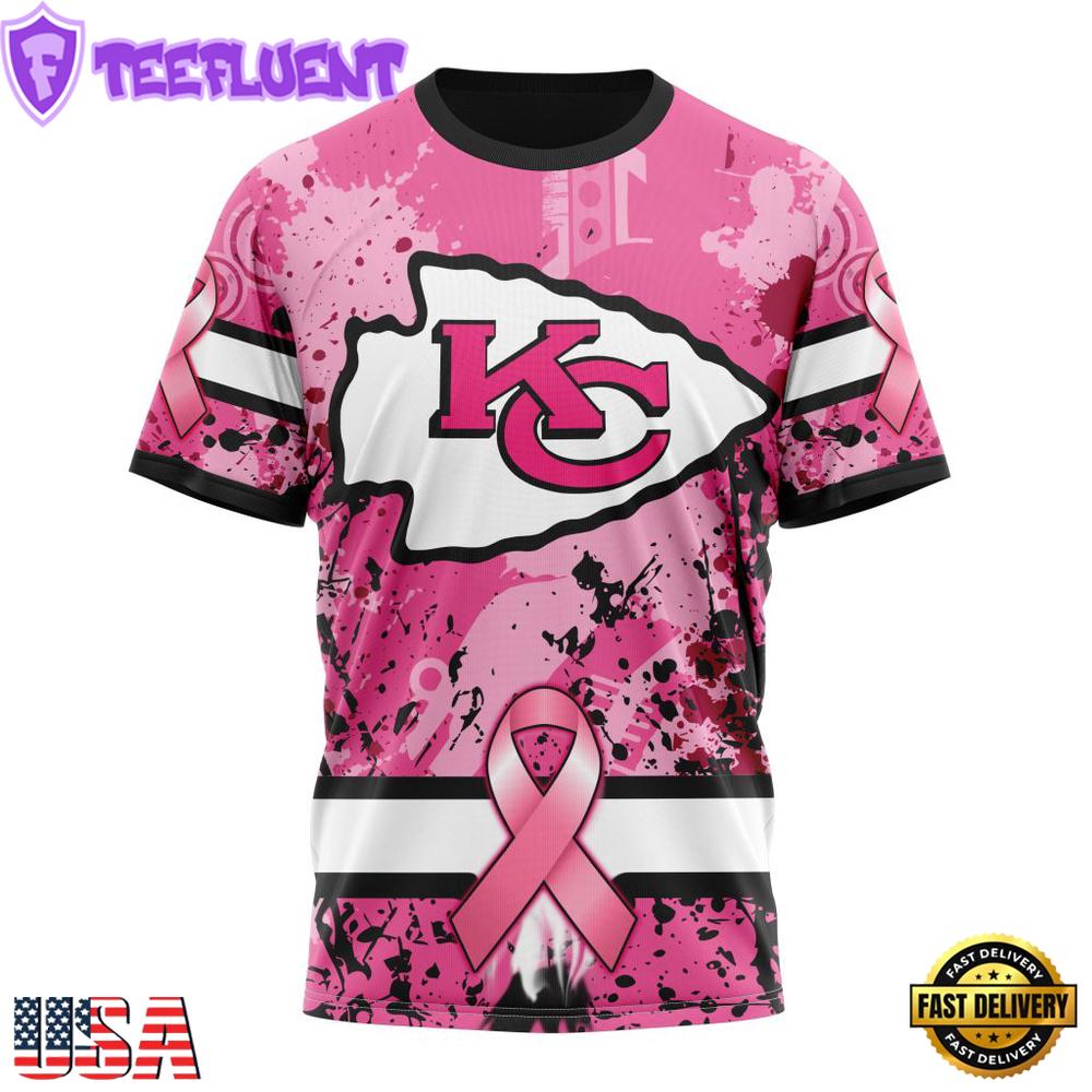 Custom Name And Number NFL Kansas City Chiefs Pink Breast Cancer 3D T-Shirt