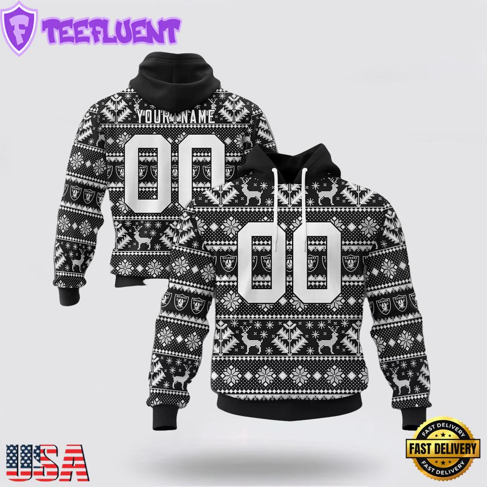 Custom Name And Number NFL Las Vegas Raiders Christmas Spirit All Over Print Hoodie Shirt