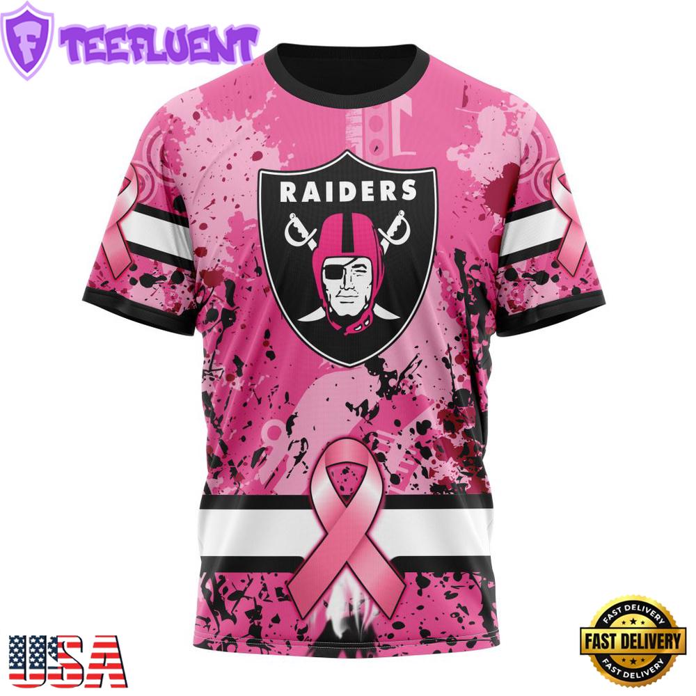 Custom Name And Number NFL Las Vegas Raiders Pink Breast Cancer 3D T-Shirt