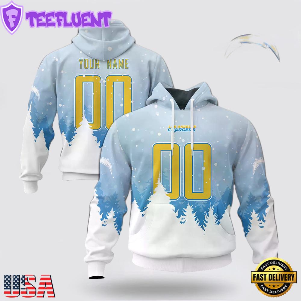 Custom Name And Number NFL Los Angeles Chargers Christmas Spirit All Over Print Hoodie Shirt