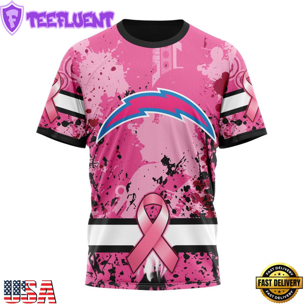 Custom Name And Number NFL Los Angeles Chargers Pink Breast Cancer 3D T-Shirt