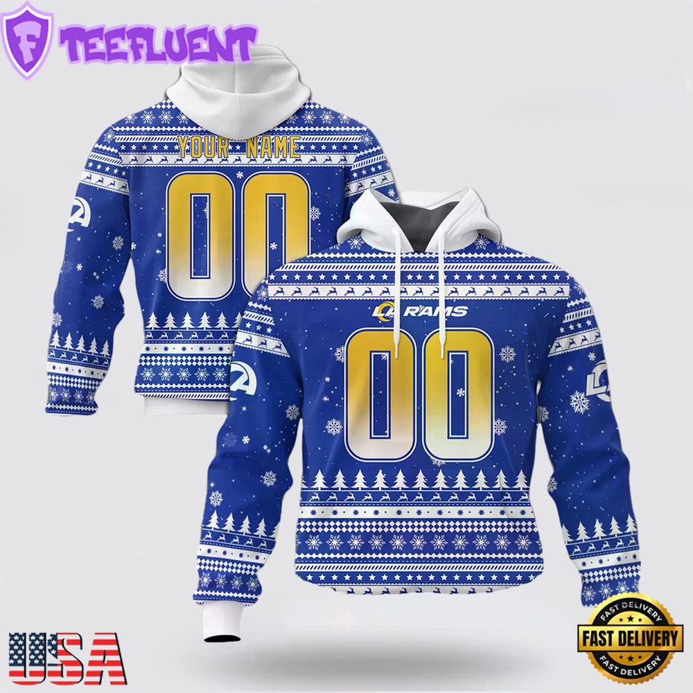 Custom Name And Number NFL Los Angeles Rams Christmas Spirit All Over Print Hoodie Shirt