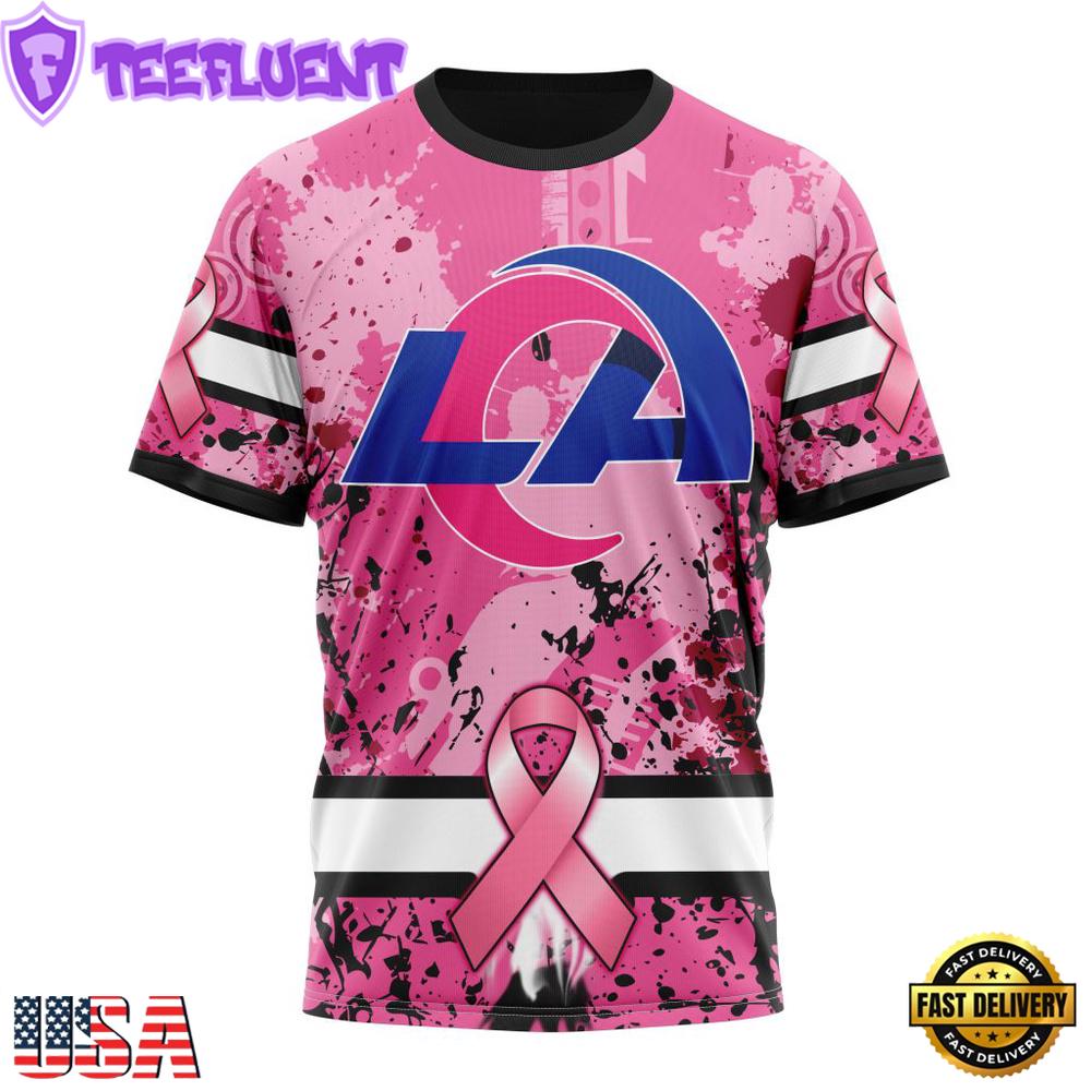 Custom Name And Number NFL Los Angeles Rams Pink Breast Cancer 3D T-Shirt