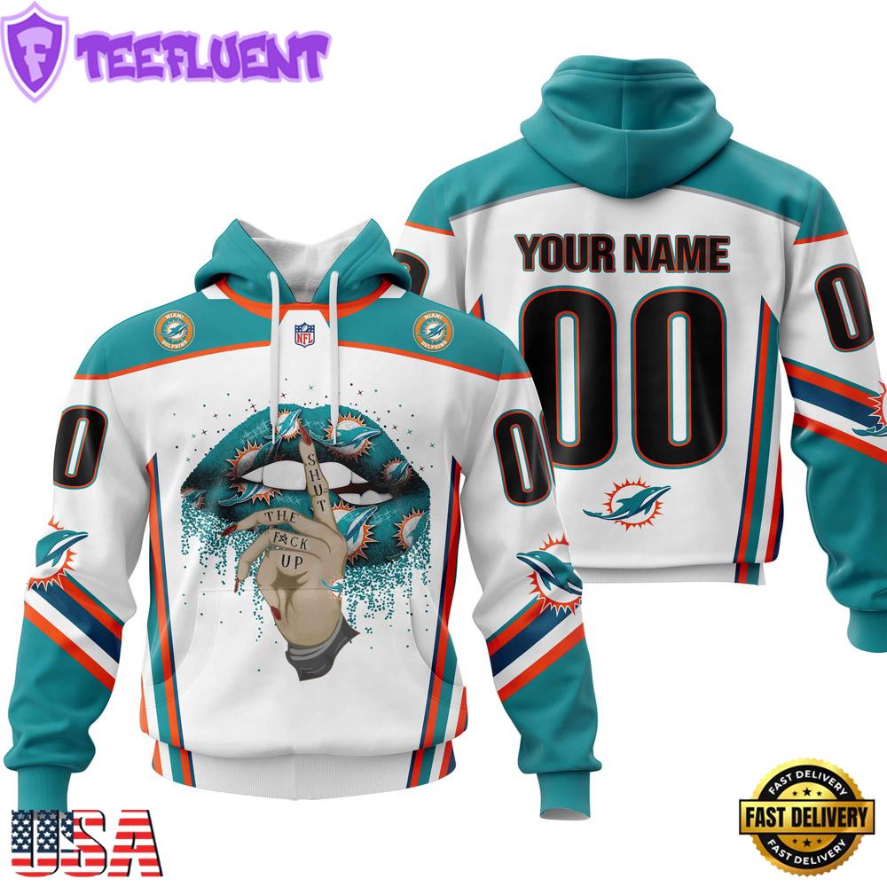 Custom Name And Number NFL Miami Dolphins Lips All Over Print Hoodie