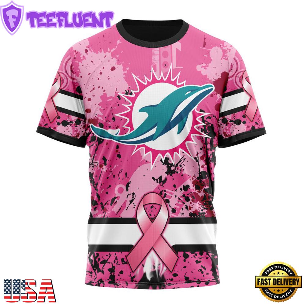 Custom Name And Number NFL Miami Dolphins Pink Breast Cancer 3D T-Shirt