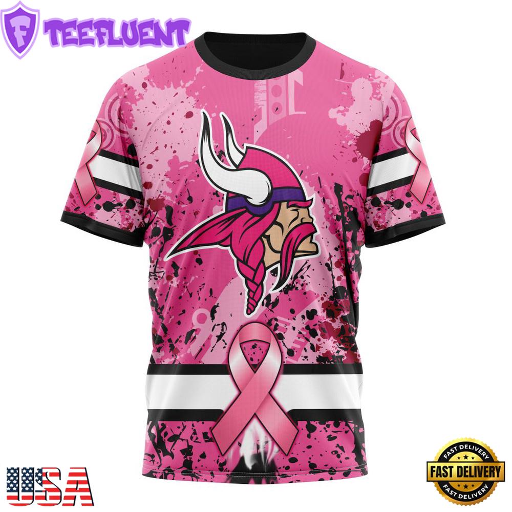 Custom Name And Number NFL Minnesota Vikings Pink Breast Cancer 3D T-Shirt