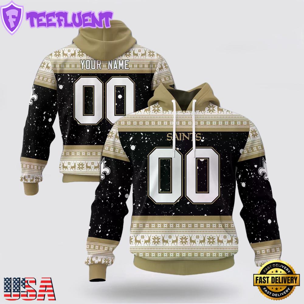 Custom Name And Number NFL New Orleans Saints Christmas Spirit All Over Print Hoodie Shirt