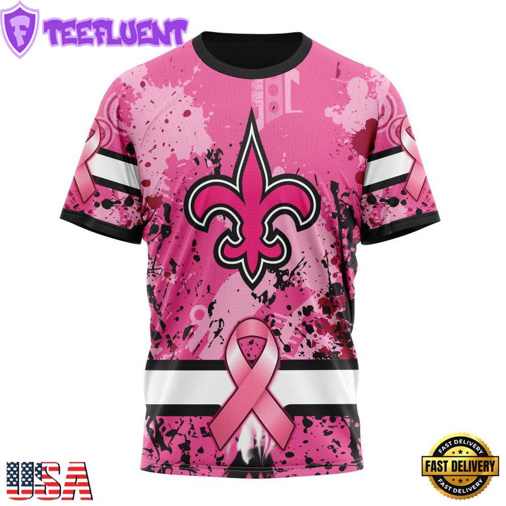 Custom Name And Number NFL New Orleans Saints Pink Breast Cancer 3D T-Shirt