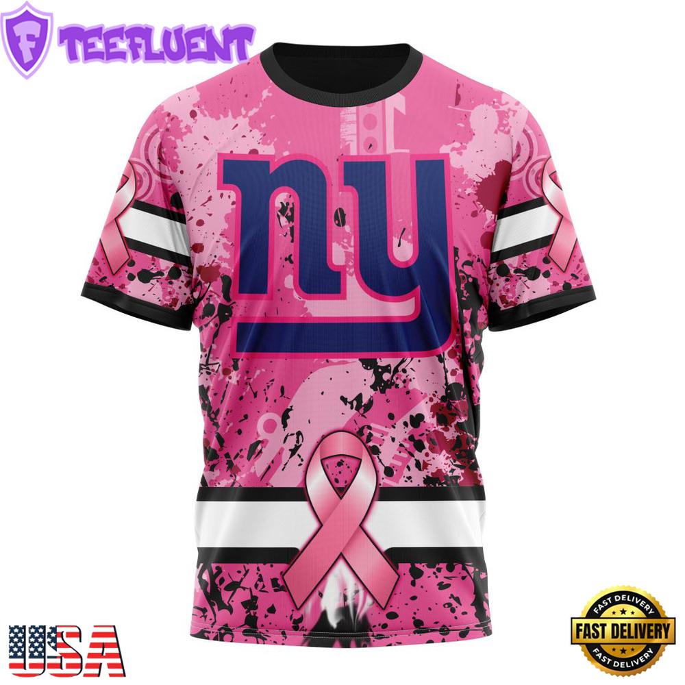 Custom Name And Number NFL New York Giants Pink Breast Cancer 3D T-Shirt