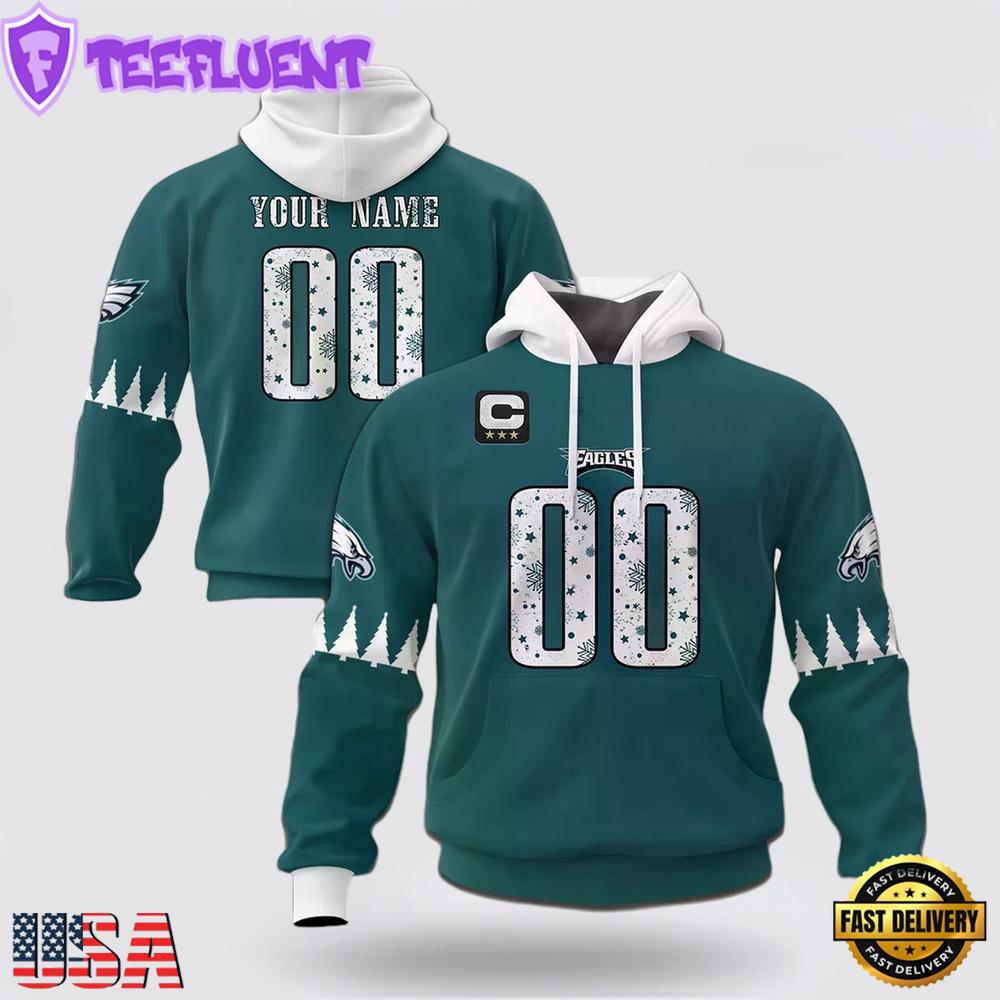 Custom Name And Number NFL Philadelphia Eagles Christmas Spirit All Over Print Hoodie Shirt