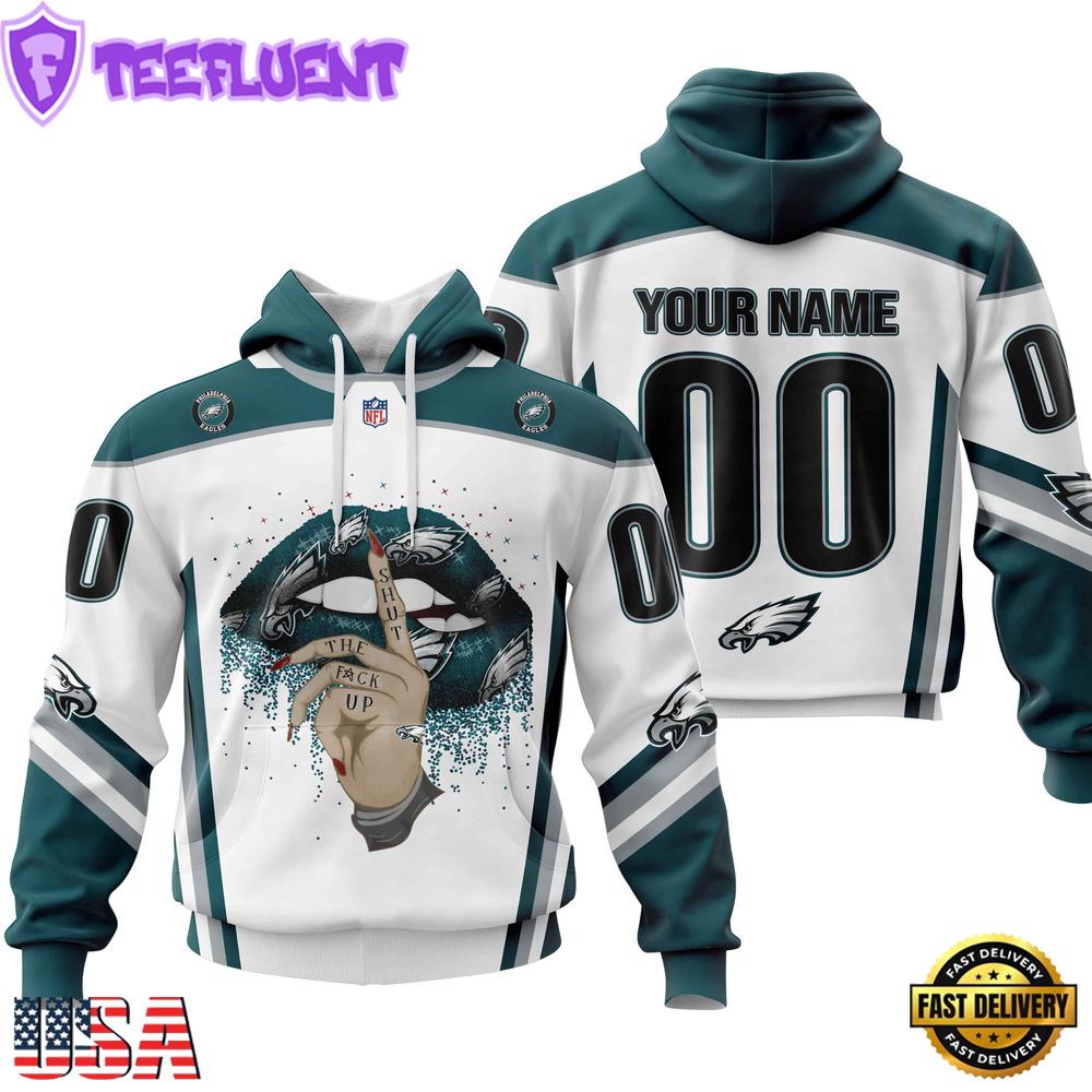 Custom Name And Number NFL Philadelphia Eagles Lips All Over Print Hoodie