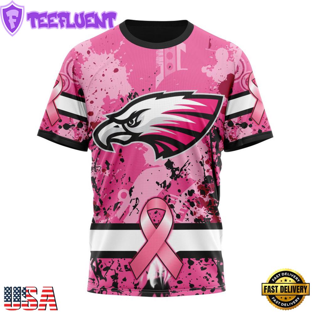 Custom Name And Number NFL Philadelphia Eagles Pink Breast Cancer 3D T-Shirt