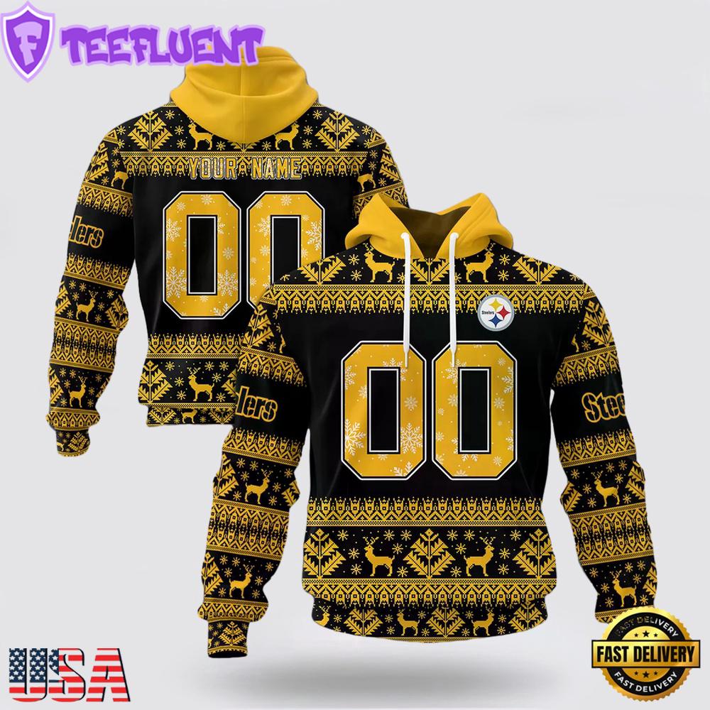Custom Name And Number NFL Pittsburgh Steelers Christmas Spirit All Over Print Hoodie Shirt