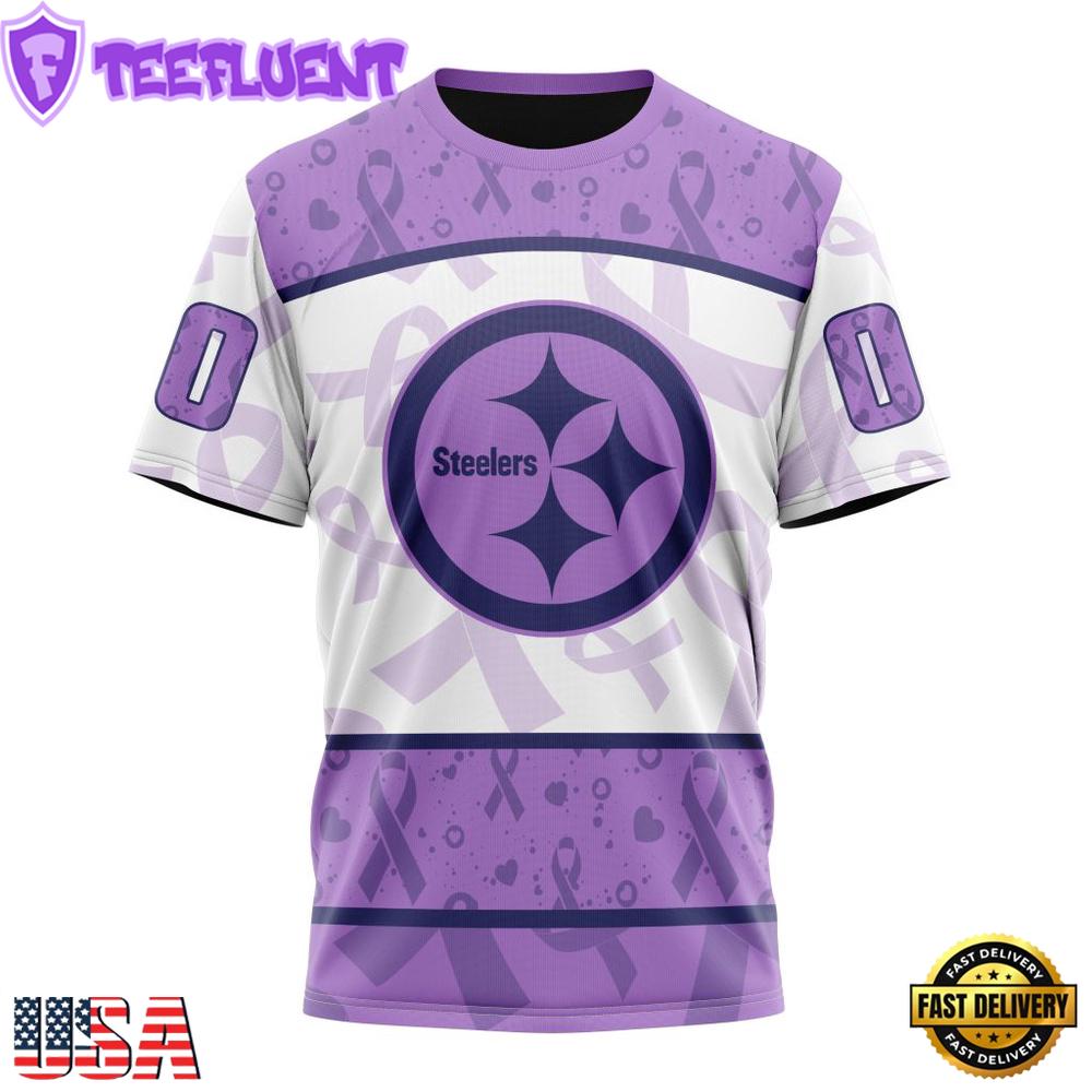 Custom Name And Number NFL Pittsburgh Steelers Football Team Fight Cancer 3D T-Shirt