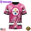Custom Name And Number NFL Pittsburgh Steelers Pink Breast Cancer 3D T-Shirt