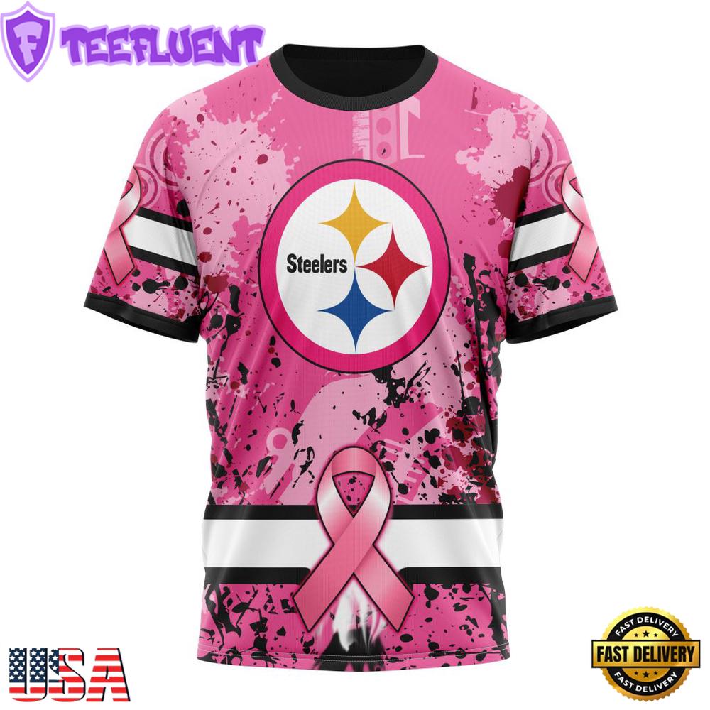Custom Name And Number NFL Pittsburgh Steelers Pink Breast Cancer 3D T-Shirt
