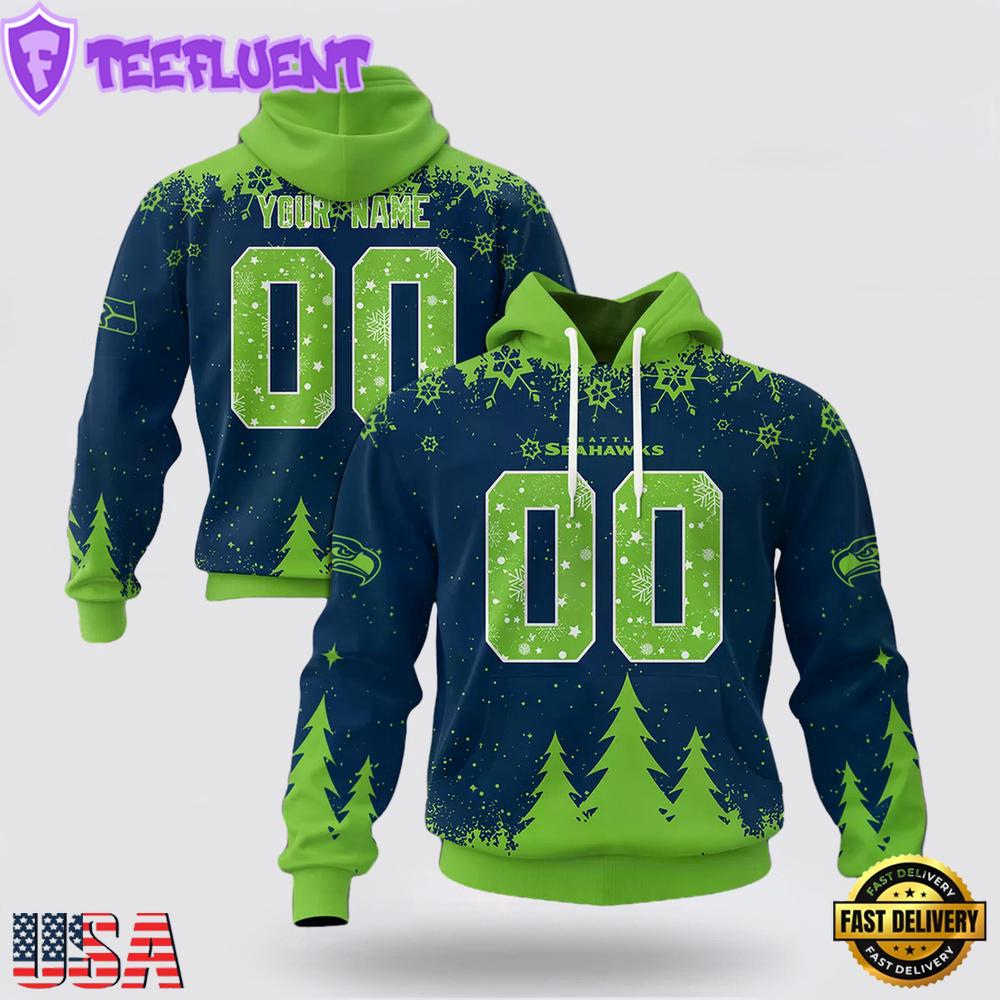 Custom Name And Number NFL Seattle Seahawks Christmas Spirit All Over Print Hoodie Shirt