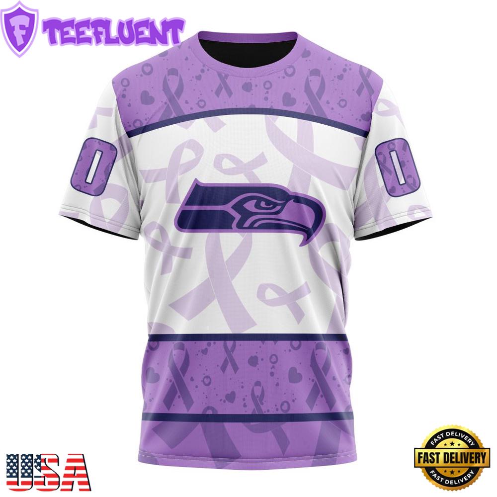 Custom Name And Number NFL Seattle Seahawks Football Team Fight Cancer 3D T-Shirt