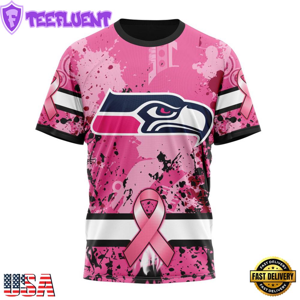 Custom Name And Number NFL Seattle Seahawks Pink Breast Cancer 3D T-Shirt
