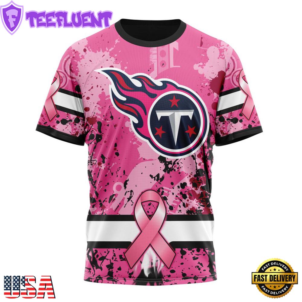 Custom Name And Number NFL Tennessee Titans Pink Breast Cancer 3D T-Shirt