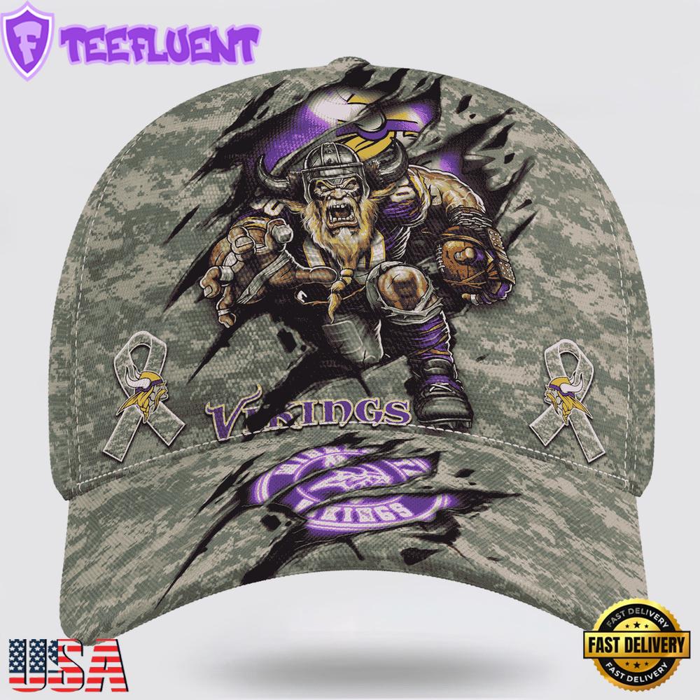 Custom Name And Number NFL Vikings Camo Mascot Classic Baseball Cap