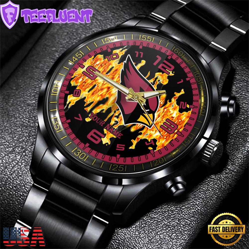 Custom Name Arizona Cardinals NFL 3D Men Black Stainless Steel Watch Gift For Fans