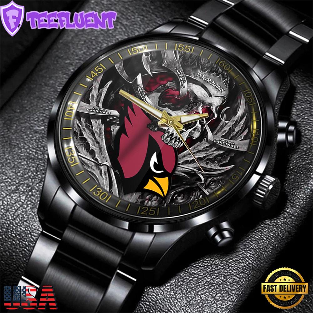 Custom Name Arizona Cardinals NFL Men Black Stainless Steel Watch Gift For Fans