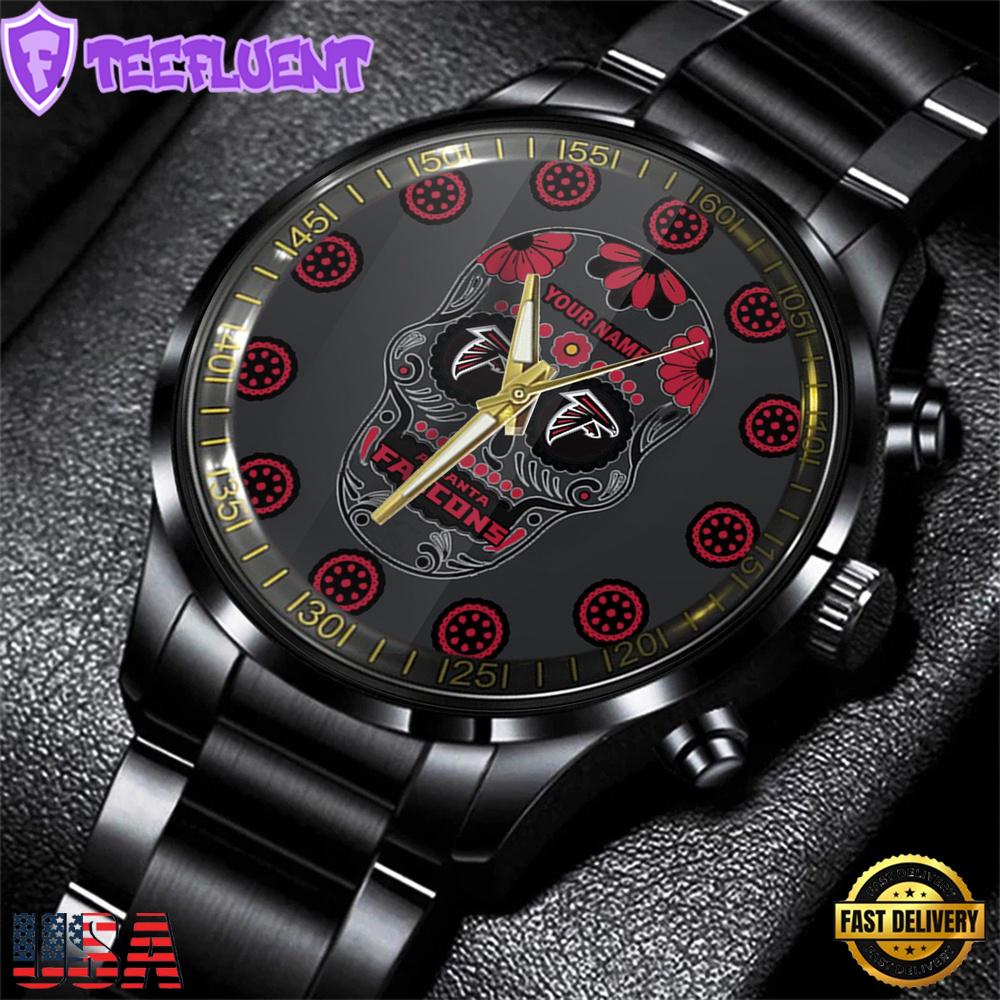 Custom Name Atlanta Falcons NFL Men Black Stainless Steel Watch Gift For Fans