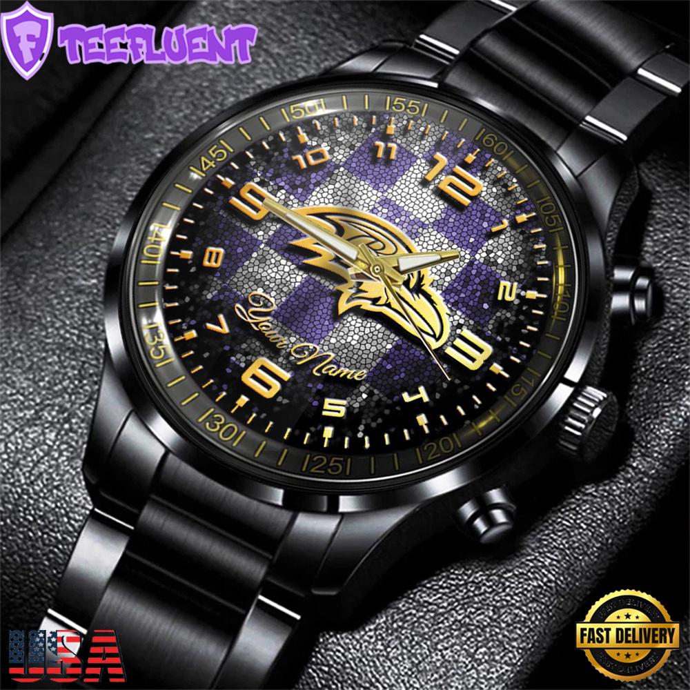Custom Name Baltimore Ravens NFL 3D Men Black Stainless Steel Watch Gift For Fans