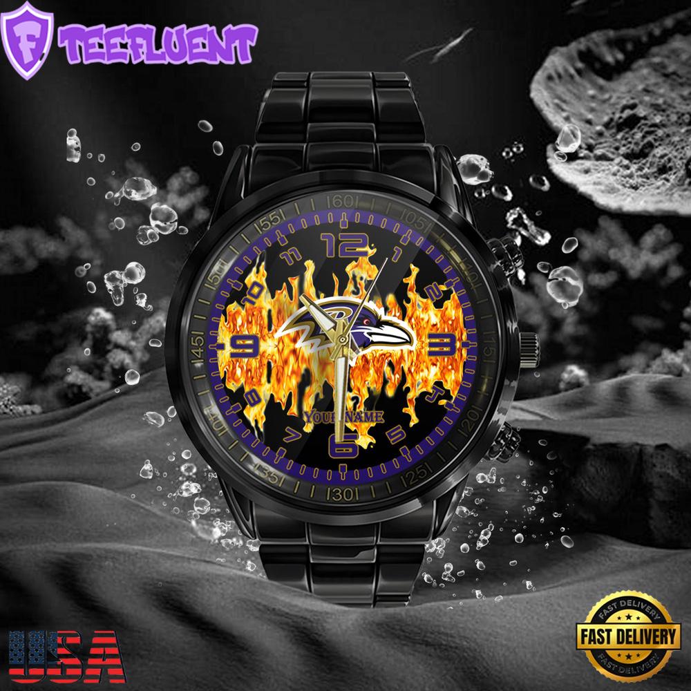 NFL Custom Name Baltimore Ravens 3D Men Black Stainless Steel Watch NFL Custom Name Baltimore Ravens 3D Men Black Stainless Steel Watch