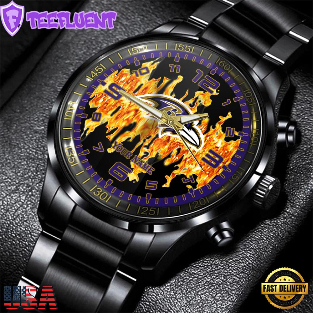 Custom Name Baltimore Ravens NFL 3D Men Black Stainless Steel Watch Gift For Fans