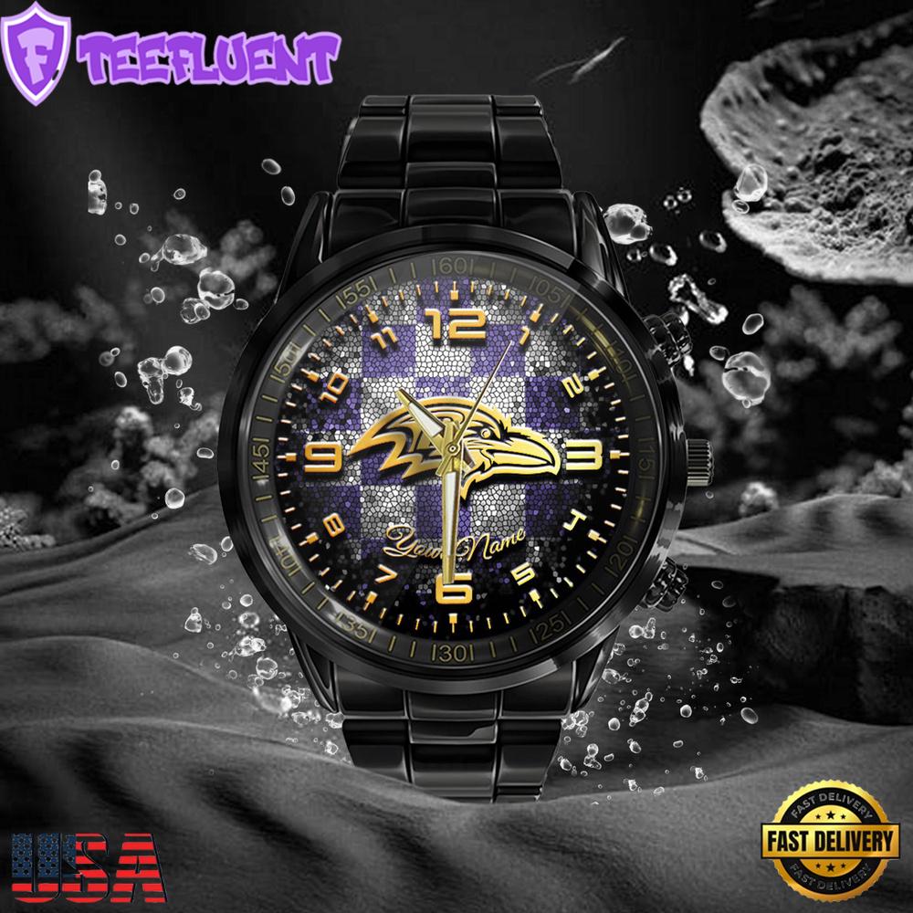NFL Custom Name Baltimore Ravens 3D Men Black Stainless Steel Watch NFL Custom Name Baltimore Ravens 3D Men Black Stainless Steel Watch