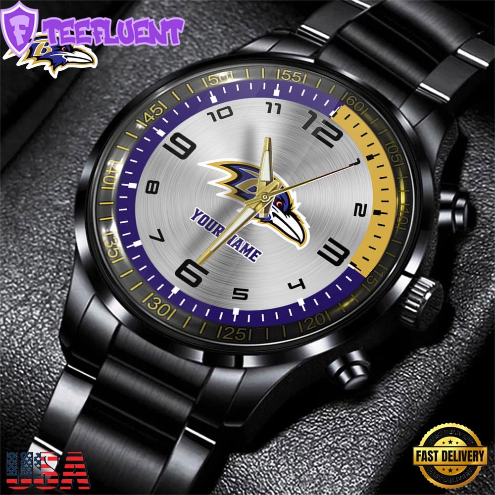 Custom Name Baltimore Ravens NFL Black Stainless Steel Watch Gift For Fans And Dad