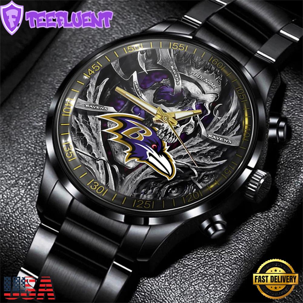 Custom Name Baltimore Ravens NFL Men Black Stainless Steel Watch Gift For Fans