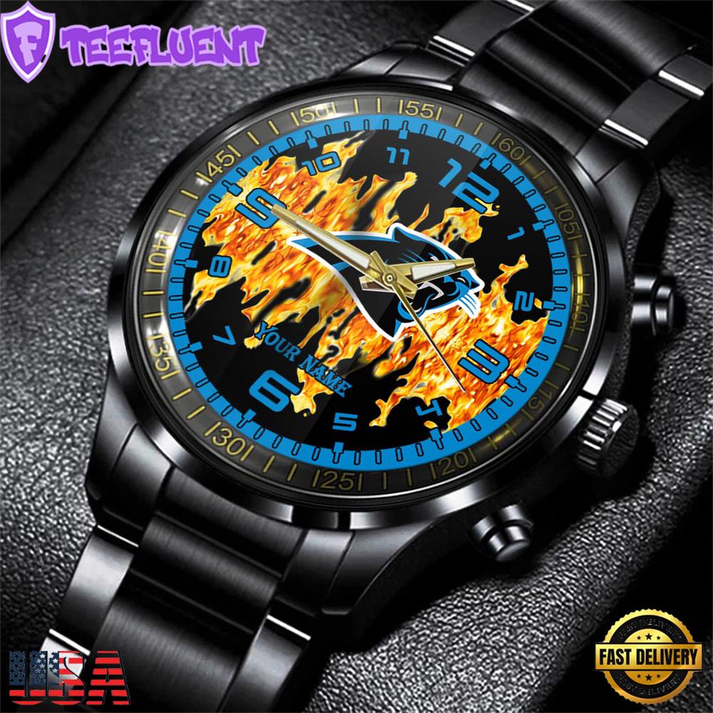 Custom Name Carolina Panthers NFL 3D Men Black Stainless Steel Watch Gift For Fans