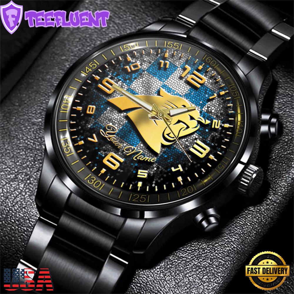 Custom Name Carolina Panthers NFL 3D Men Black Stainless Steel Watch Gift For Fans
