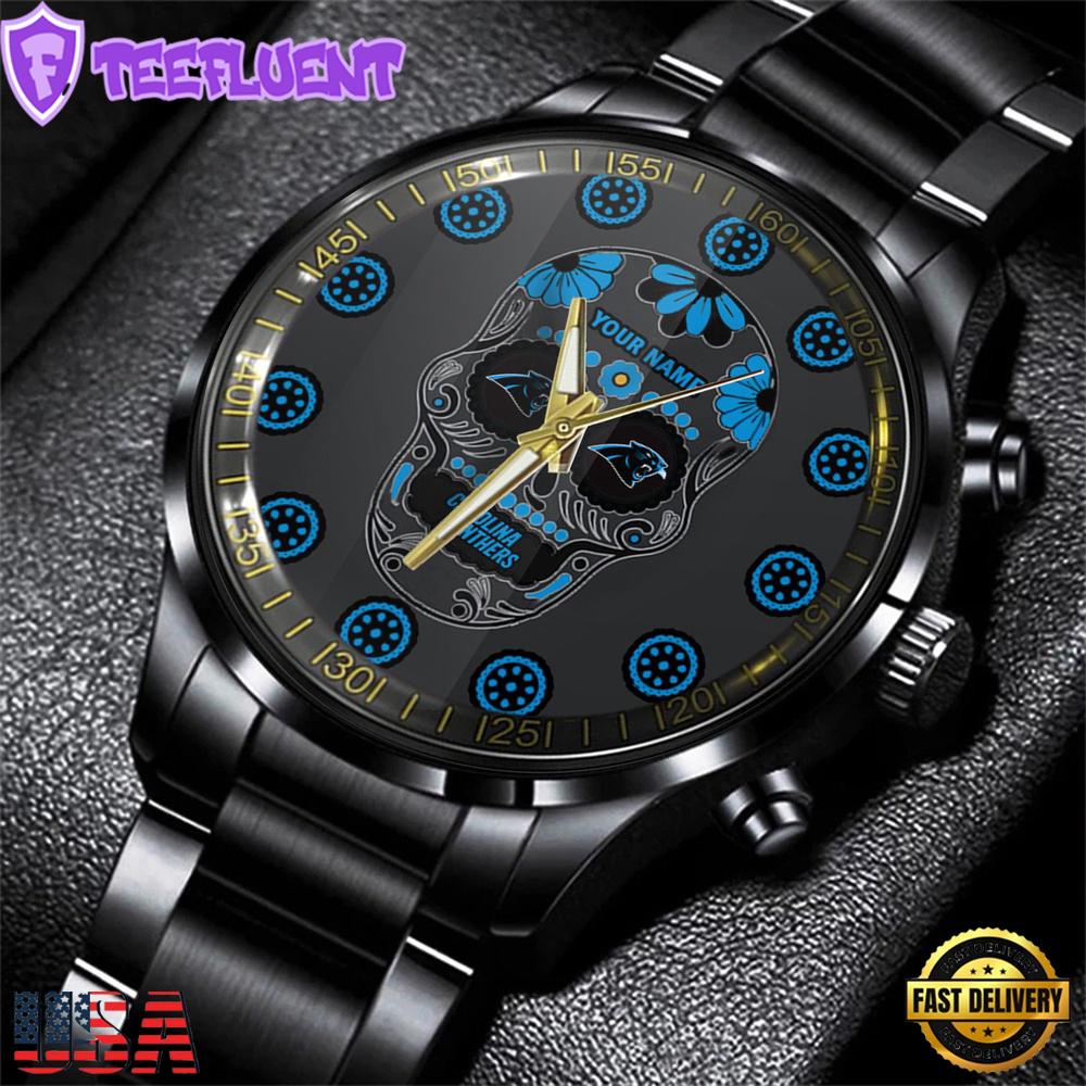 Custom Name Carolina Panthers NFL Men Black Stainless Steel Watch Gift For Fans