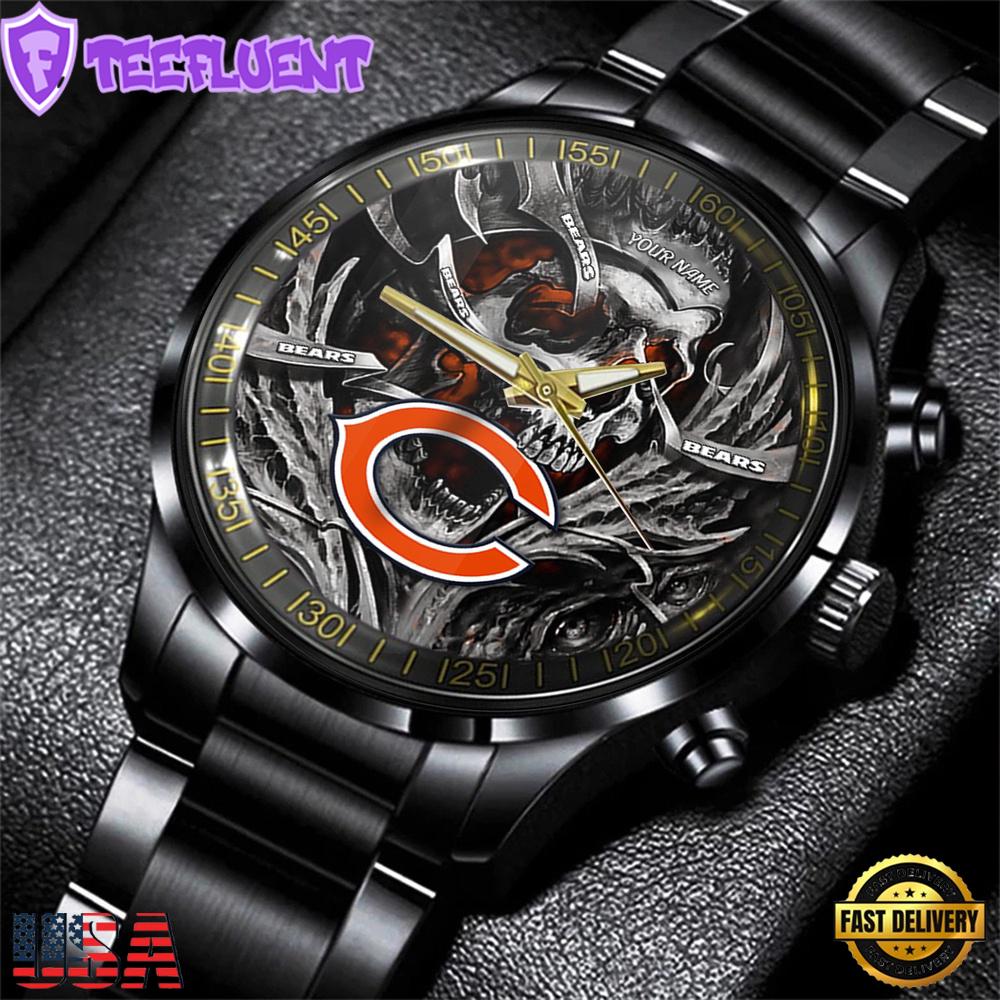 Custom Name Chicago Bears NFL Men Black Stainless Steel Watch Gift For Fans