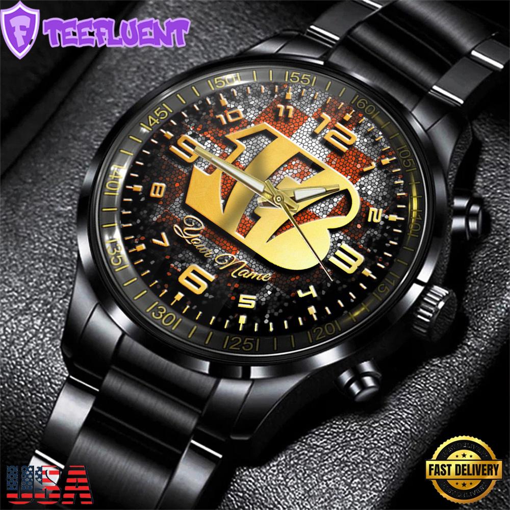 Custom Name Cincinnati Bengals NFL 3D Men Black Stainless Steel Watch Gift For Fans For Father