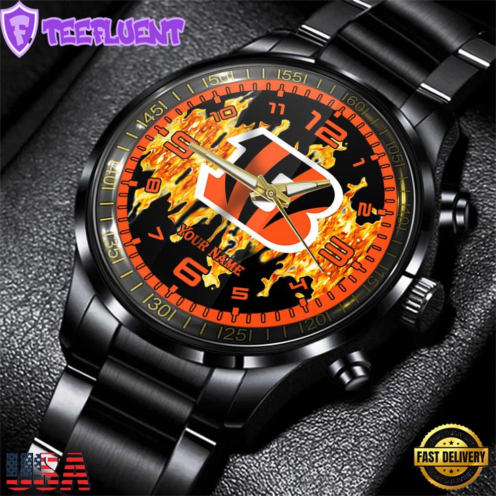 Custom Name Cincinnati Bengals NFL 3D Men Black Stainless Steel Watch Gift For Fans