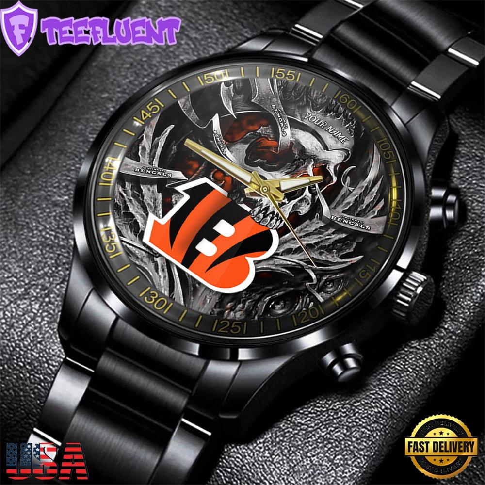 Custom Name Cincinnati Bengals NFL Men Black Stainless Steel Watch Gift For Fans