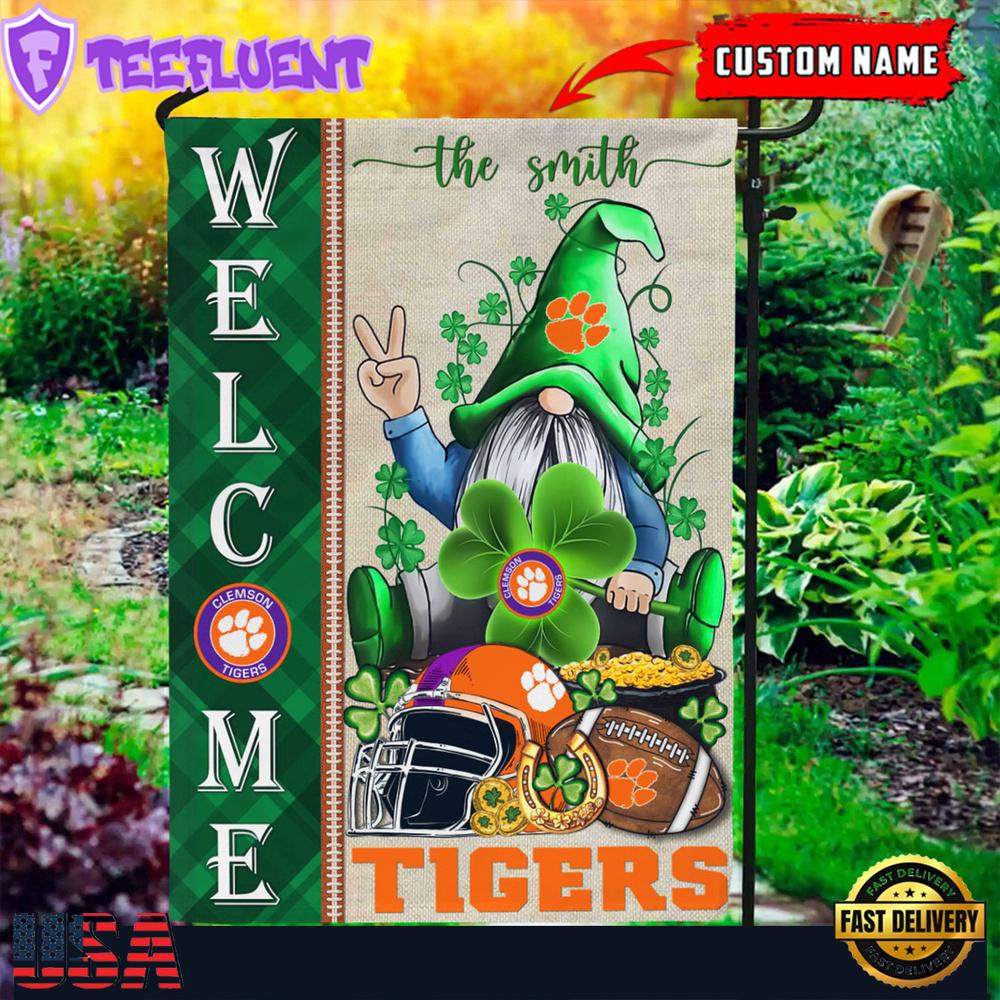 Custom Name Clemson Tigers Happy St. Patrick's Day Shamrock House And Garden Flag